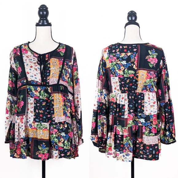 NWT Blue Boheme Luana Patchwork Printed Blouse - Picture 1 of 9